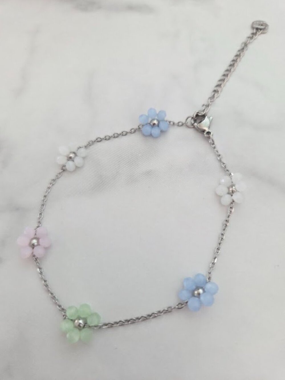 Dainty Pastel Flower Anklet Silver Tone Pink Blue Green Floral Ankle Bracelet - Picture 13 of 17